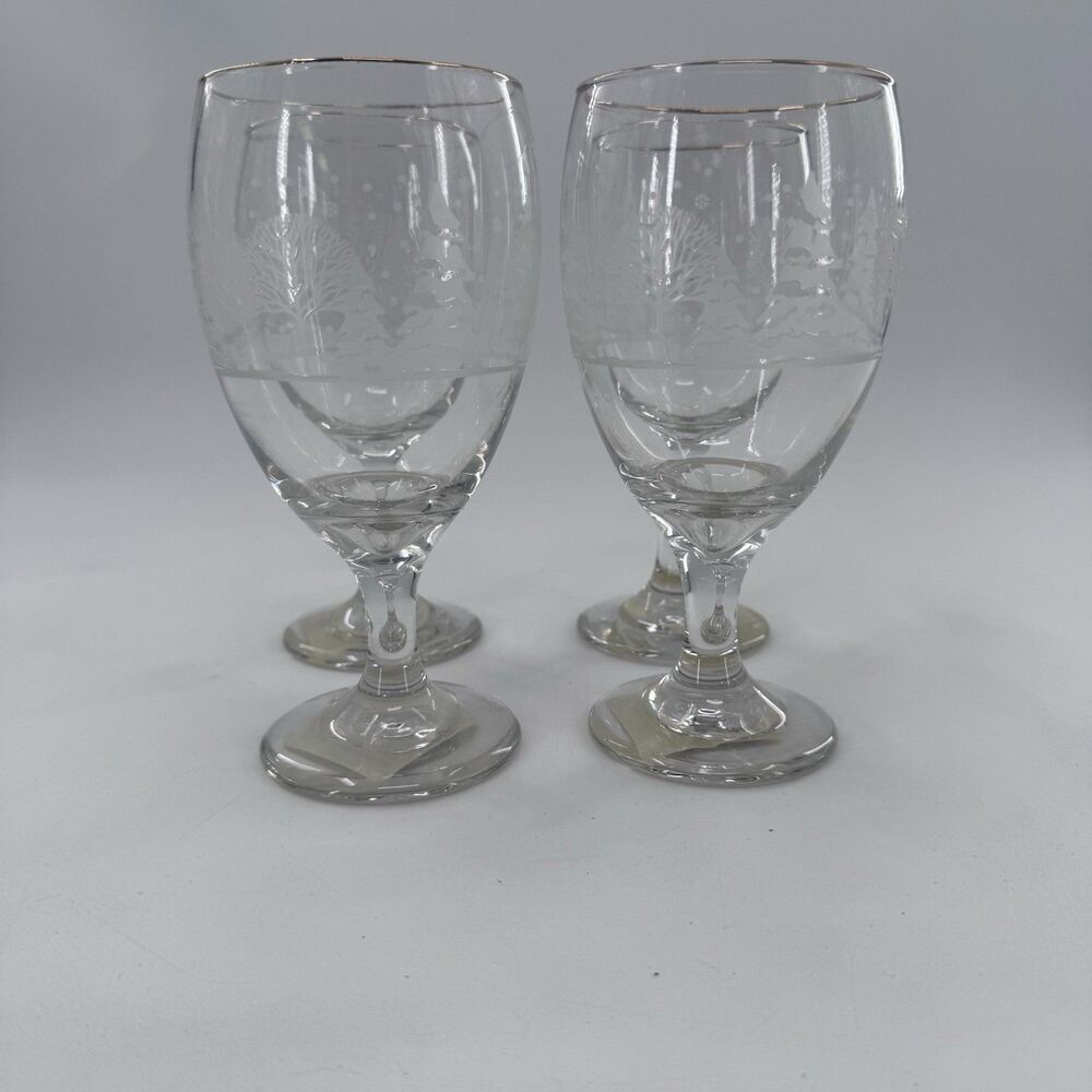 Frosty Pines Libbey Handblown Goblets 7” Winter Wonderland Gold Rim Set of 4 New